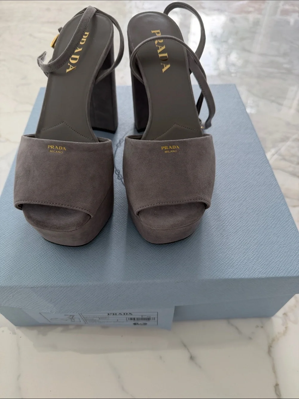 Prada Taupe Gray Suede Platform Slingback Sandals size 39